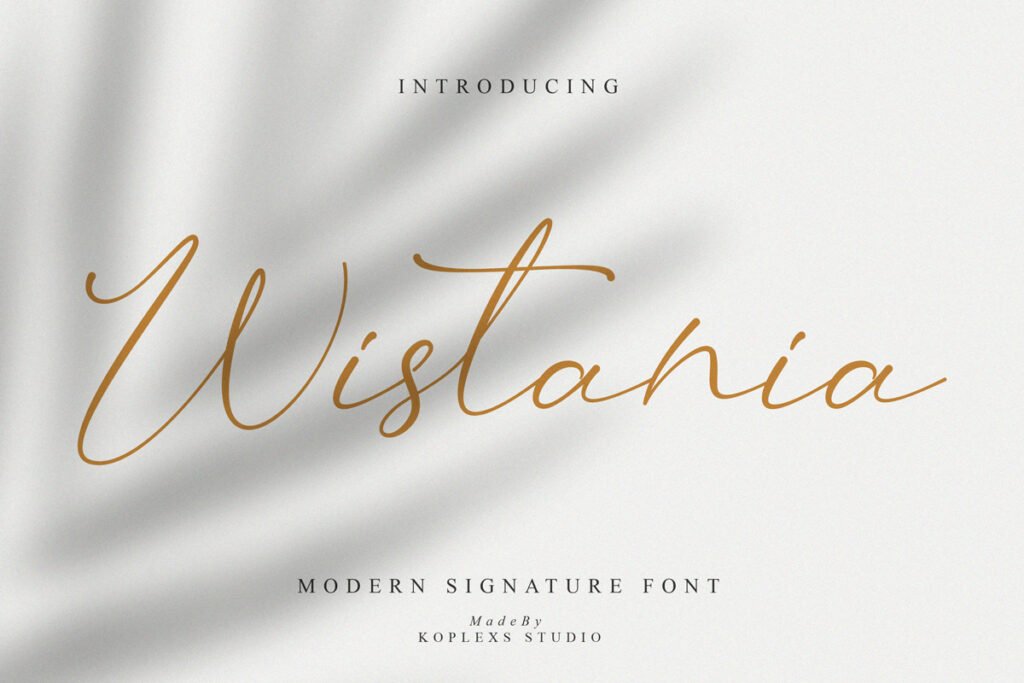 Wistania script with fine golden strokes and extended letterforms on a light background