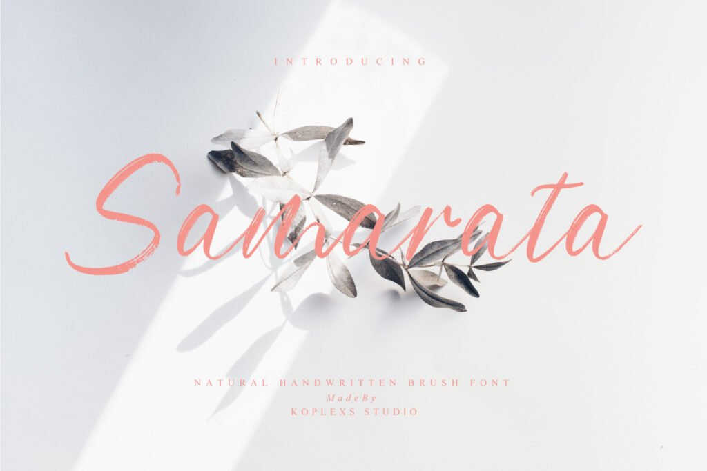 Samarata brush script with textured coral strokes over a leafy background