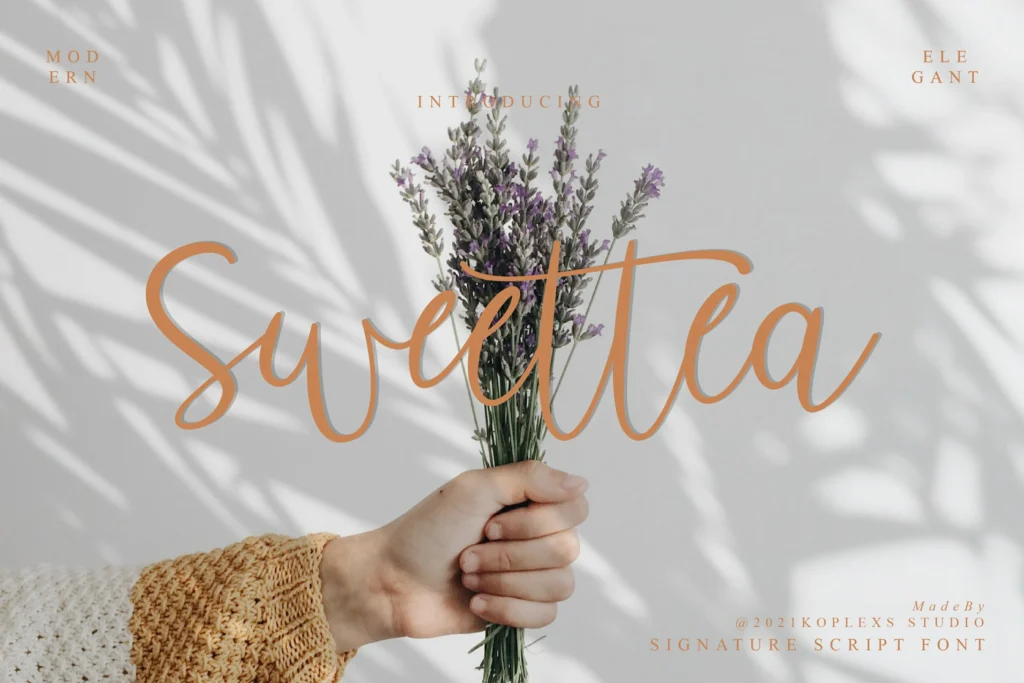 Sweettea signature script in warm orange lettering over a hand holding a lavender bouquet.